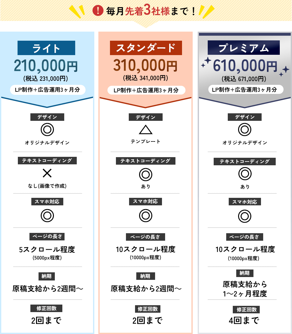 毎月先着3社様まで!
ライト:210,000円(税込 231,000円),スタンダード:310,000円(税込 341,000円),プレミアム:610,000円(税込 671,000円)
